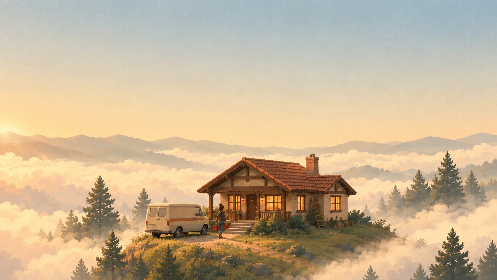 Dawn over the clouds: a craftsman house on a hilltop, a plumber walking up to the porch past her van