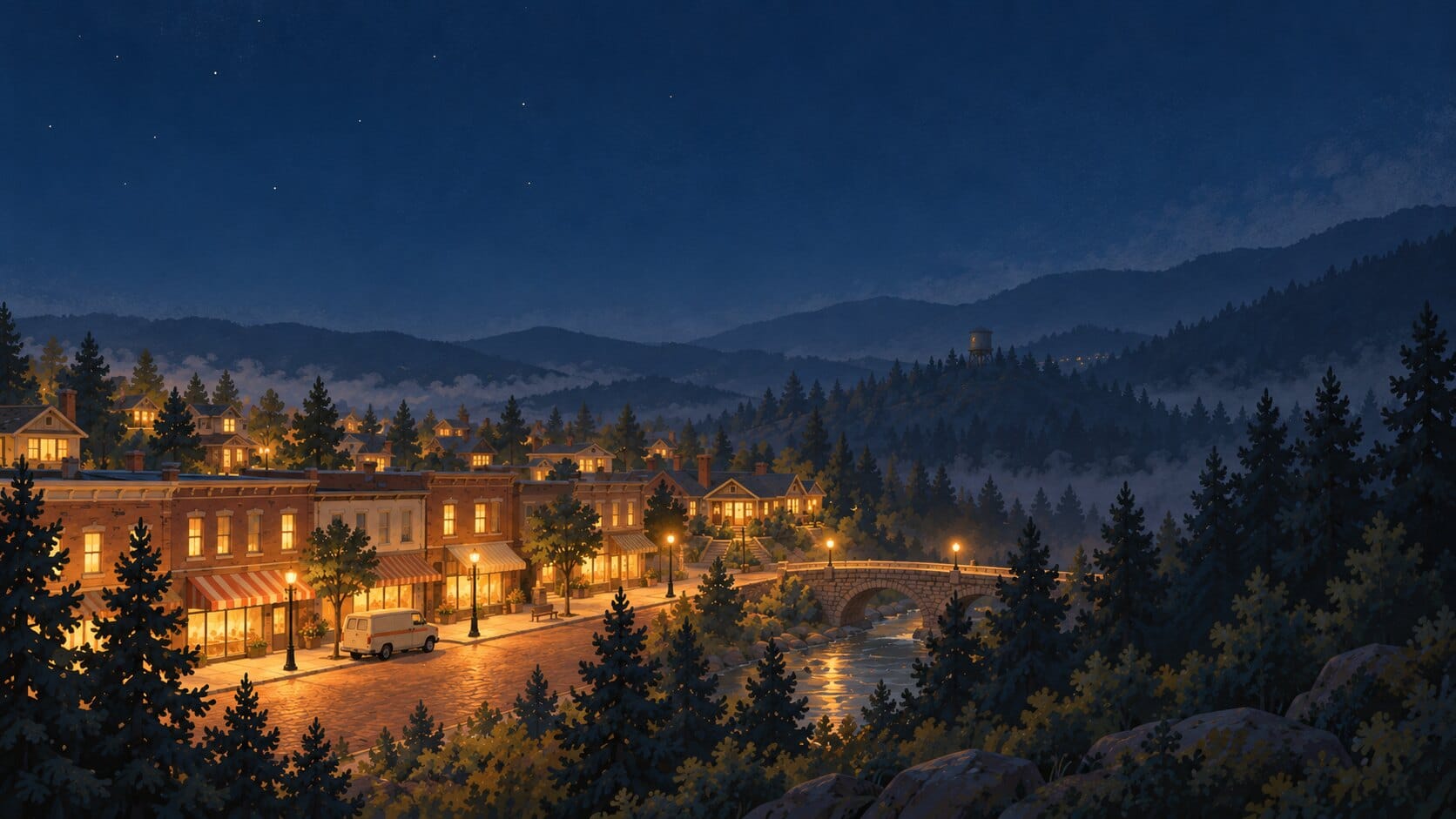 Linden Hollow at night after closing, Main Street windows still glowing warm