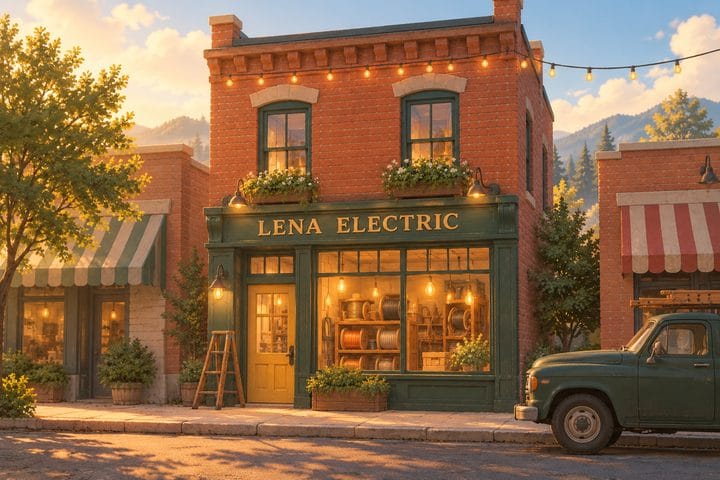 Lena Electric, a brick shop on the downtown row with string lights and a green pickup out front