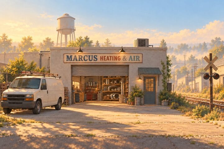 A heating and air shop by the rail line with a white van out front