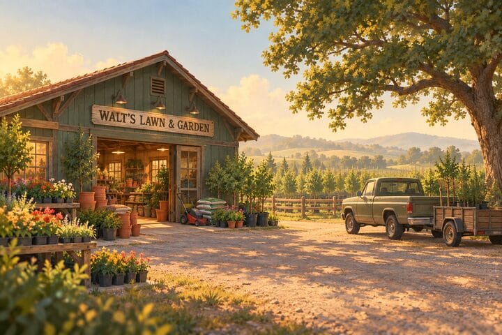 Walt's Lawn and Garden, a green barn shop with plants out front