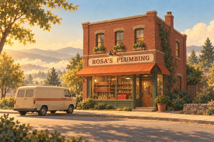Rosa's Plumbing, a brick shop on Main Street with her van out front
