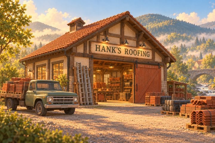 Hank's Roofing, a timber-frame warehouse with clay tiles stacked in the yard and a green flatbed out front